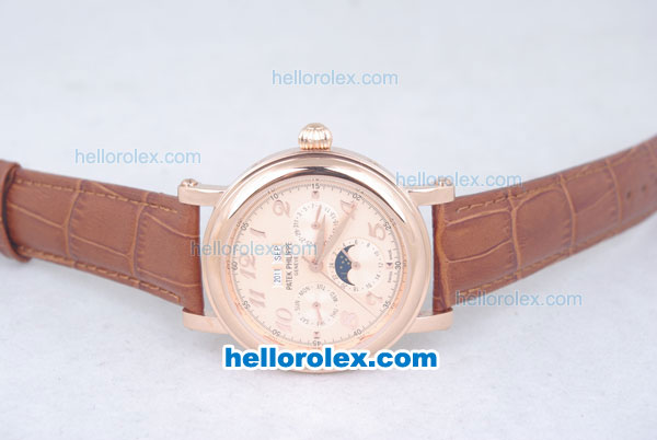 Patek Philippe Perpetual Calendar Automatic Full Rose Gold Case with Rose Gold Dial and Number Marking-Leather Strap - Click Image to Close